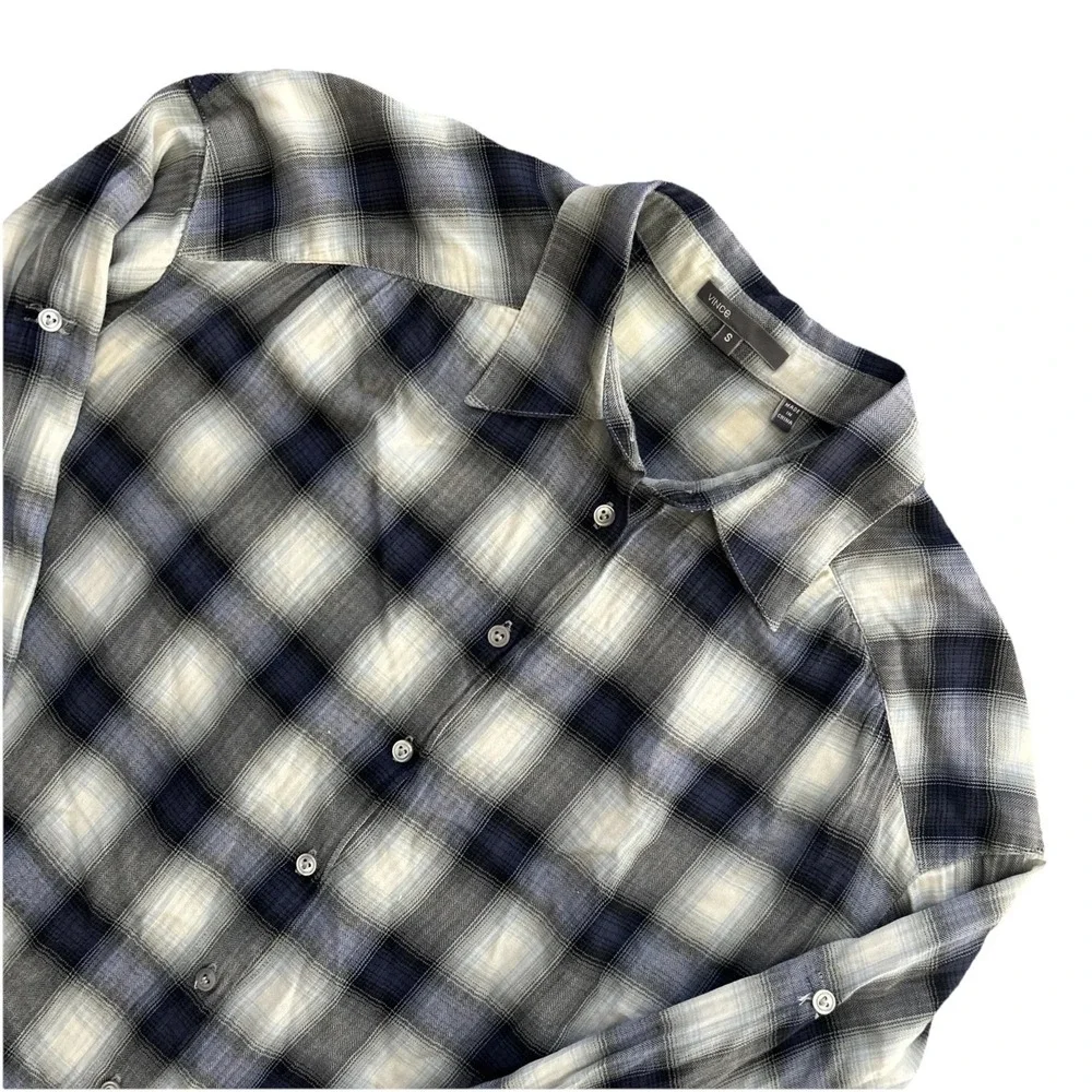Vince Women's Oversized Plaid 100% Cotton‎ Roll Tab Sleeve Button Down Shirt S